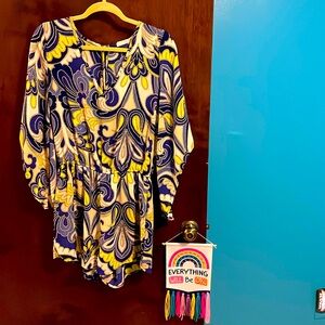 Romper with 3/4 length draped sleeves in shades of blue & cream — worn once